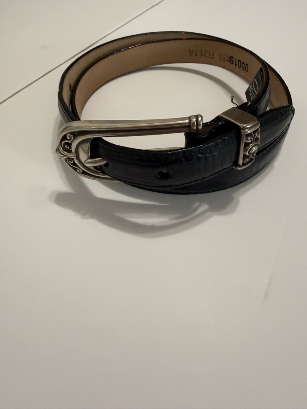 Brighton Black Croc-Embossed Leather Belt with Silver Accent